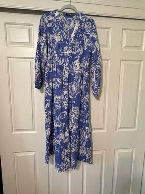 Zara Blue and White Floral Printed Tiered Dress